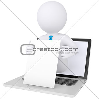 3d man out of computer holding sheet of paper