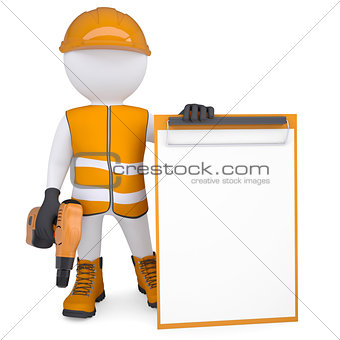 3d white man in overalls with a screwdriver