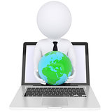3d white man from the computer holding the Earth