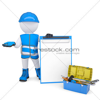 3d white man in overalls with checklists and tools