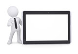 3d white man points a finger at a tablet PC