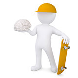 3d white man holding a skateboard and brain