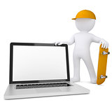 3d white man holding a skateboard and laptop