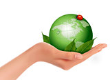 Green world and leaf have love bug in woman hand. Vector illustr