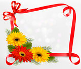 Holiday background with colorful flowers and red bow and ribbon.