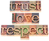 trust, love, respect in wood type