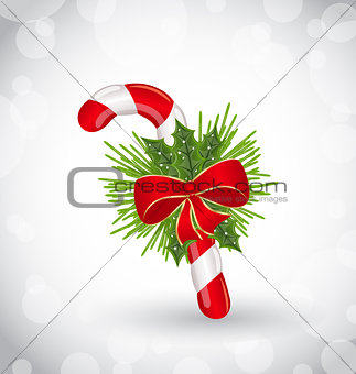 Christmas decoration with sweet cane, bow and pine