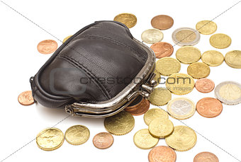 Black leather purse and several euro coins on white background