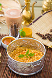 Indian Biryani mutton rice with traditional background
