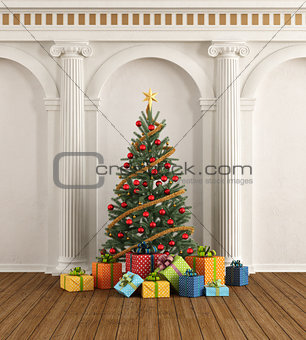 Classic interior with christmas-tree and ionic column