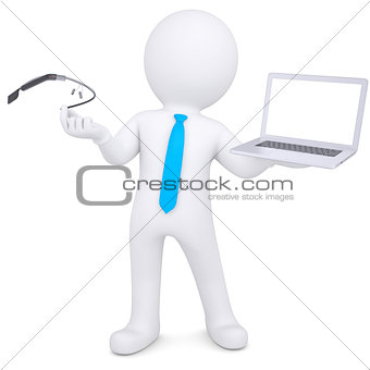 3d man holding a laptop and Google Glass
