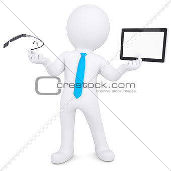 3d man holding a tablet PC and Google Glass