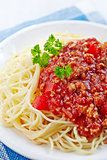 Spaghetti with minced meat and cheese