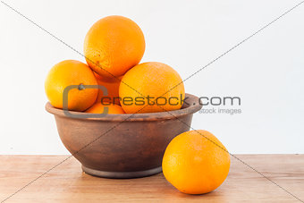 still life of oranges in a clay bowl