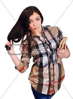 Young girl holds a book, got foxy look