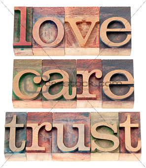 trust, love, respect in wood type