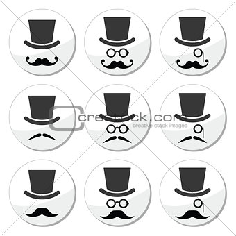 Mustache or moustache with hat and glasses icons set