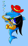 The dolphin plays a saxophone