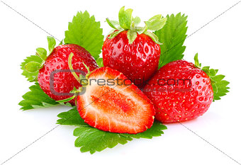 ripe juicy strawberry with green leaves