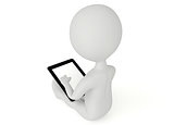 3d humanoid character with a tablet pc on white