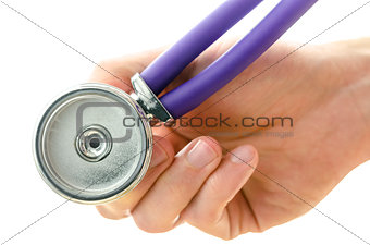 Hand holding a medical stethoscope towards you