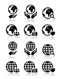 Globe earth with hands vector icons set with reflection