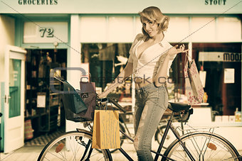 sexy woman with shopping bags in vintage color