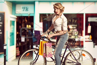  vintage sexy girl shopping with bicycle