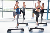 Four women raising their legs while doing aerobics