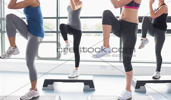 Women raising their legs while doing aerobics