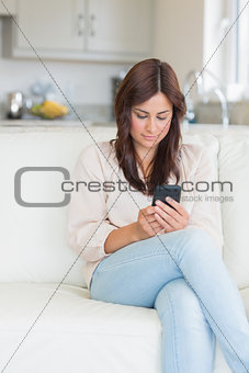 Woman sitting on the couch using her mobile phone