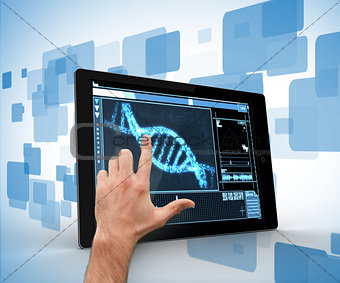 Man touching tablet pc with DNA interface