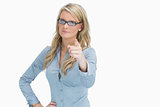 Woman wearing glasses and pointing