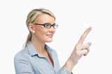 Standing businesswoman is showing something