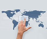 Hand pointing on digital box on world map