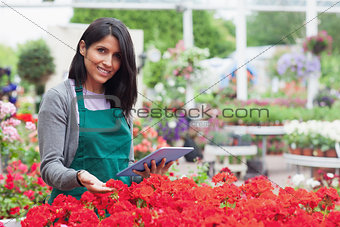 Employee choosing flowers with tablet pc in garden center