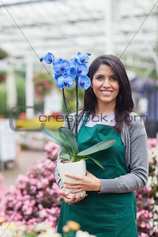 Woman holding a flower in the garden centre