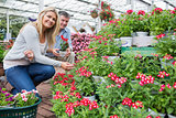 Woman smiling while looking for plants with man holding pot