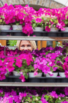 Woman looking through shelves in flowers store