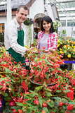 Smiling customer touching plant with employee