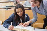 Teacher and student looking at a book