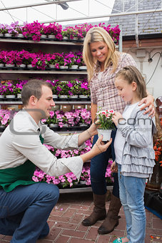 Employee giving a flower to little girl in garden center