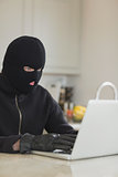 Robber hacking a laptop in the kitchen