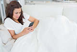 Woman lying on the couch while texting