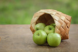 green apples in a birchbark basket