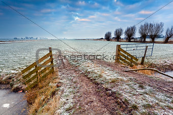 wooden fence on winter pasture