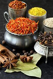 collection of various spices (paprika, turmeric, pepper, aniseed, cinnamon, saffron)