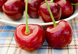 Two Ripe Sweet Cherries with the Full Plate on the Background
