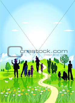 families in the green meadow