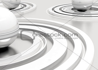 abstract metal polished spheres surrounded by lines on a grey background